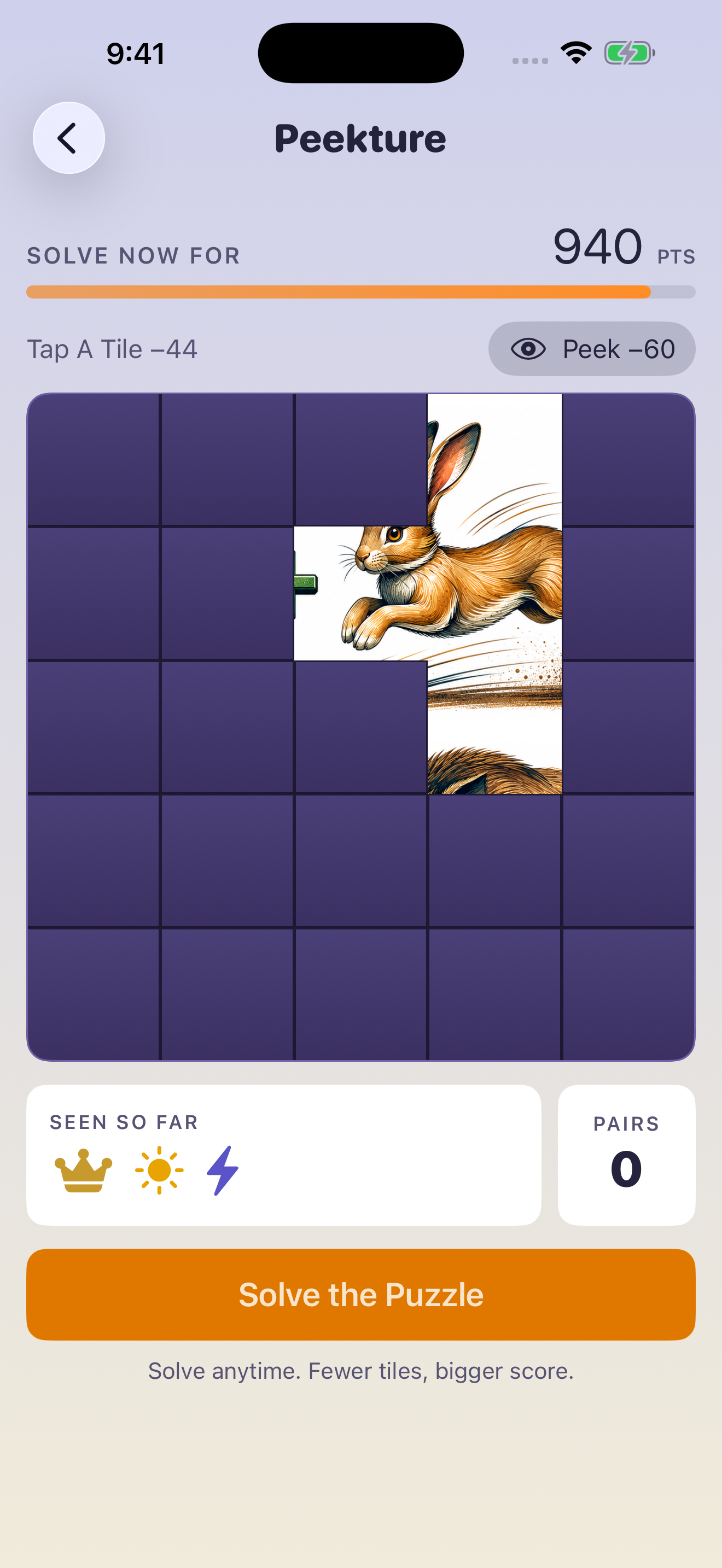 A Peekture board mid-game: lifted tiles reveal a hand-drawn leaping hare